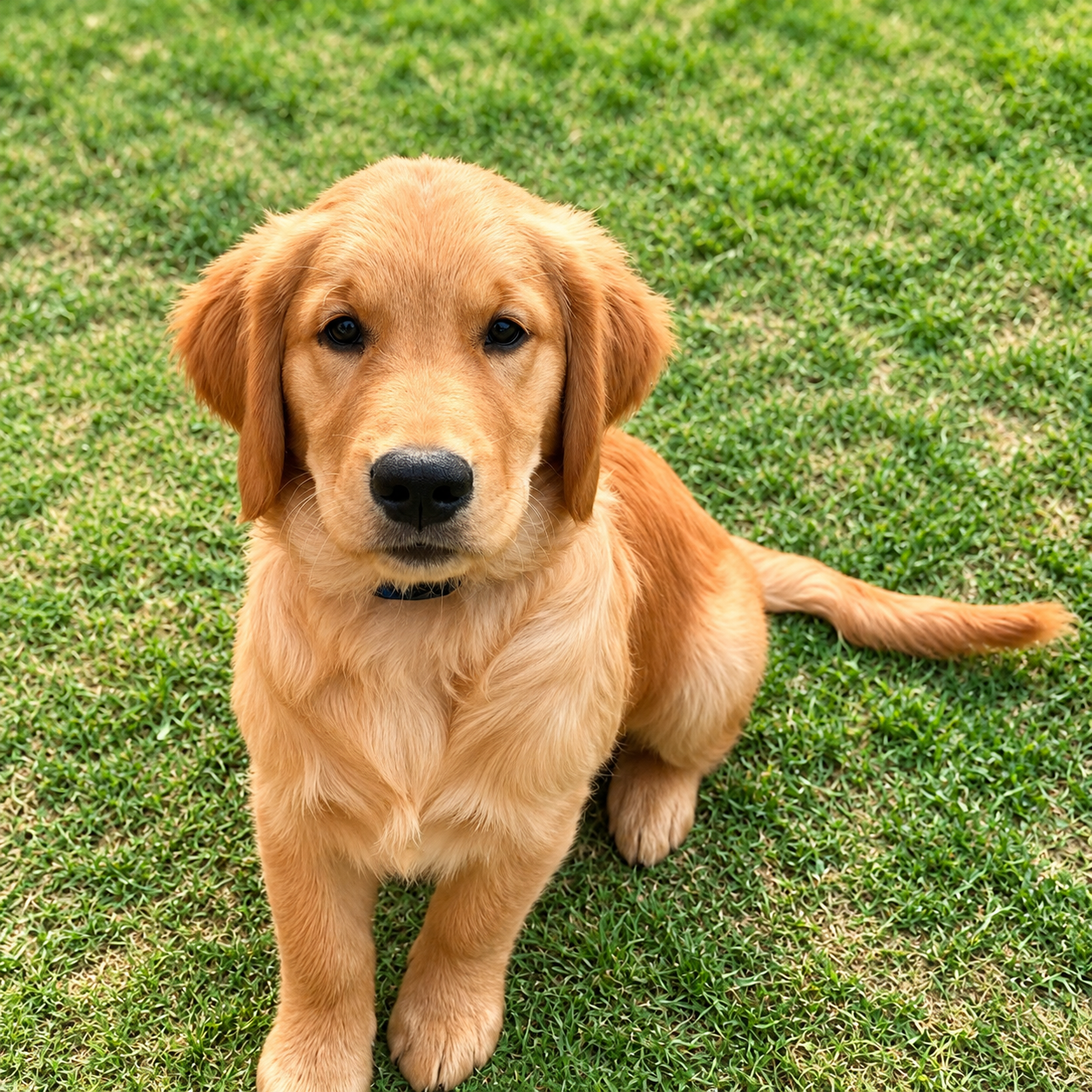Golden retriever puppy sitting on the lawn at Pet Me Maa