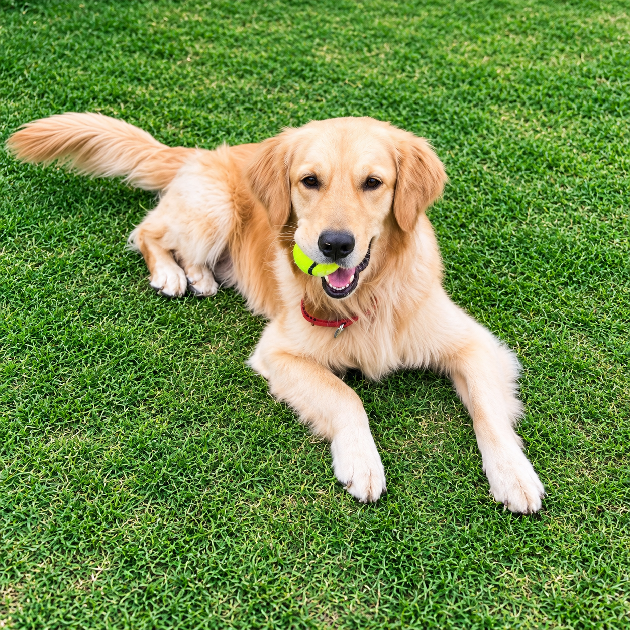 Golden retriever lying on the grass with a tennis ball at Pet Me Maa