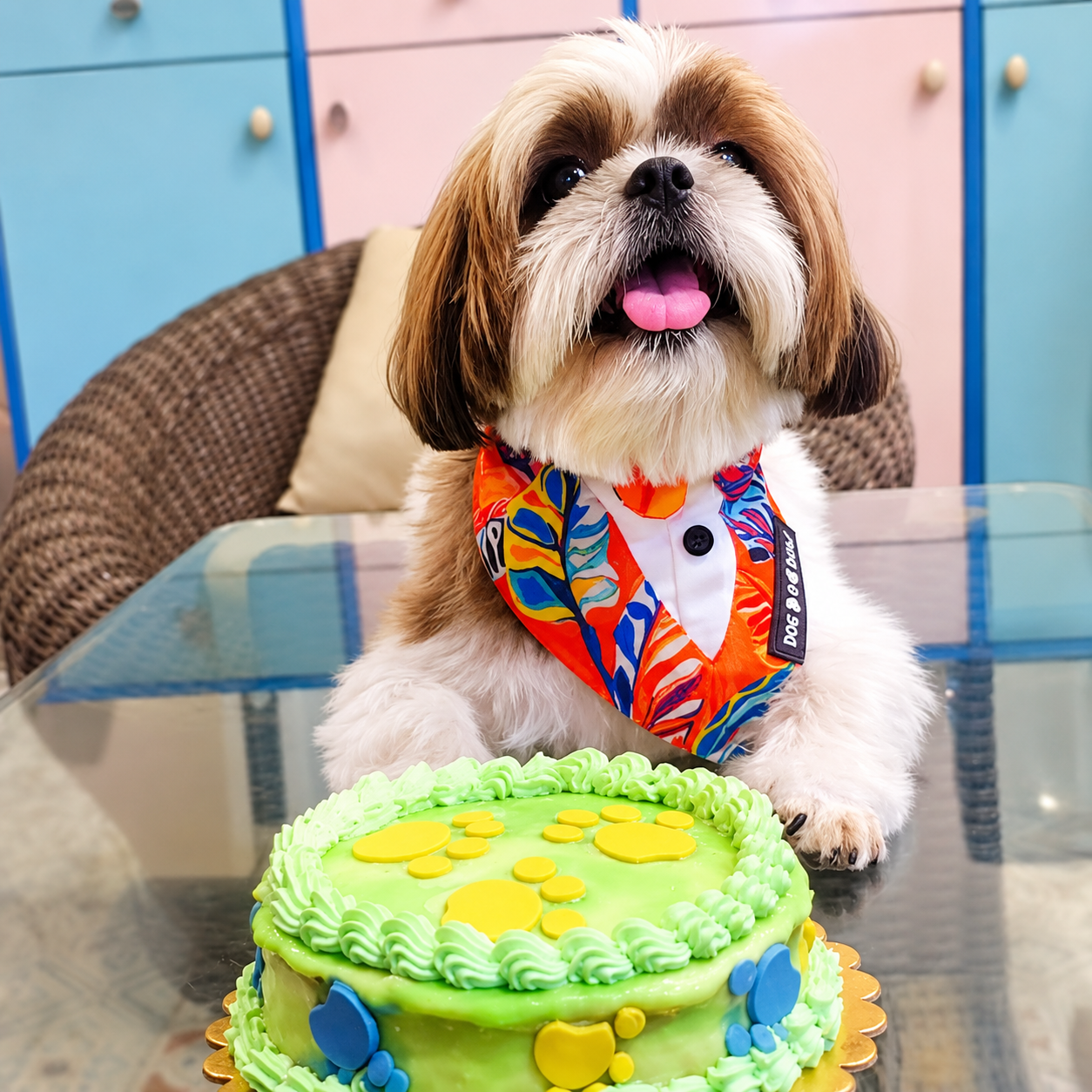 Shih Tzu wearing a bandana celebrating a birthday with cake at Pet Me Maa
