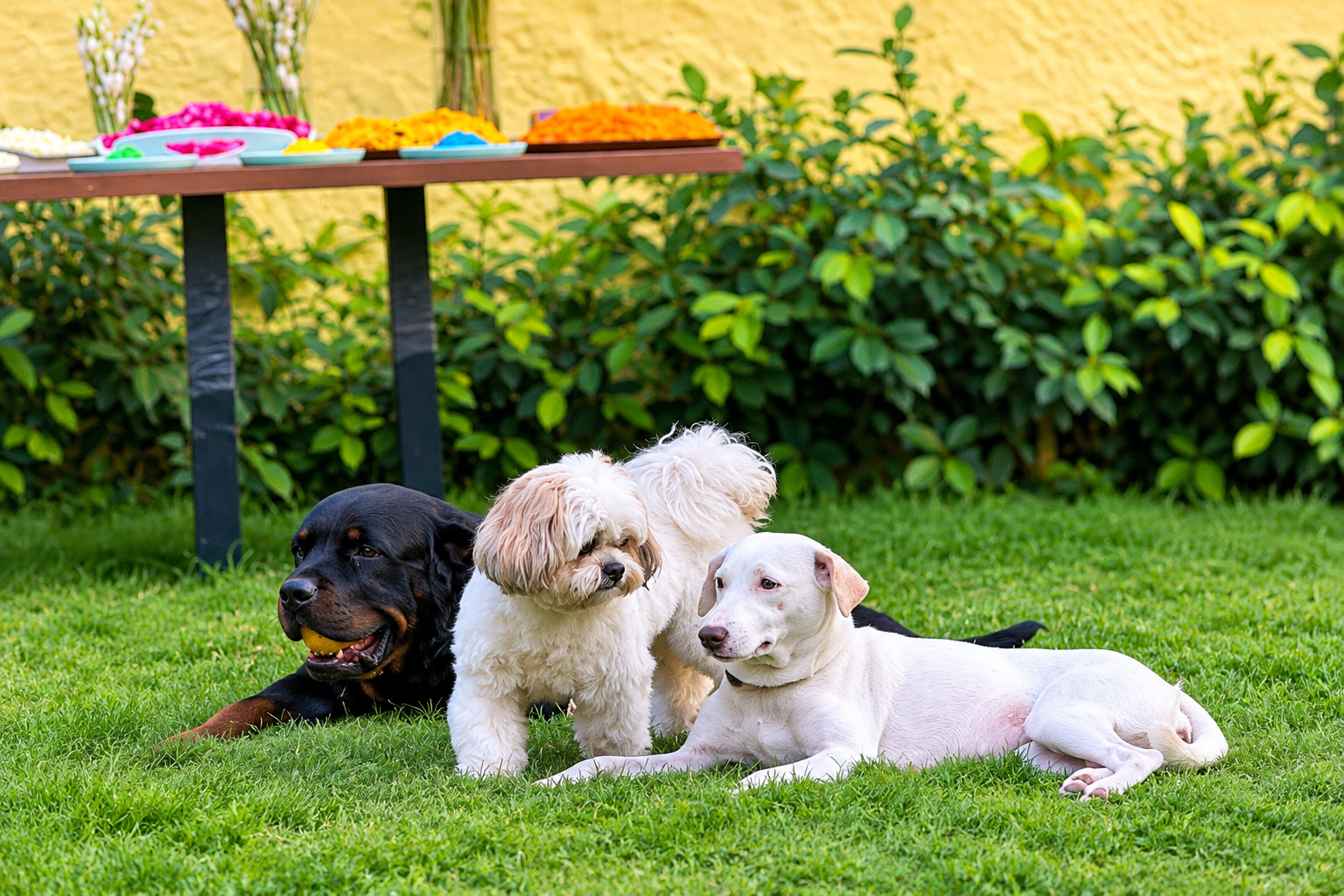 Three dogs relaxing together on the grass at Pet Me Maa