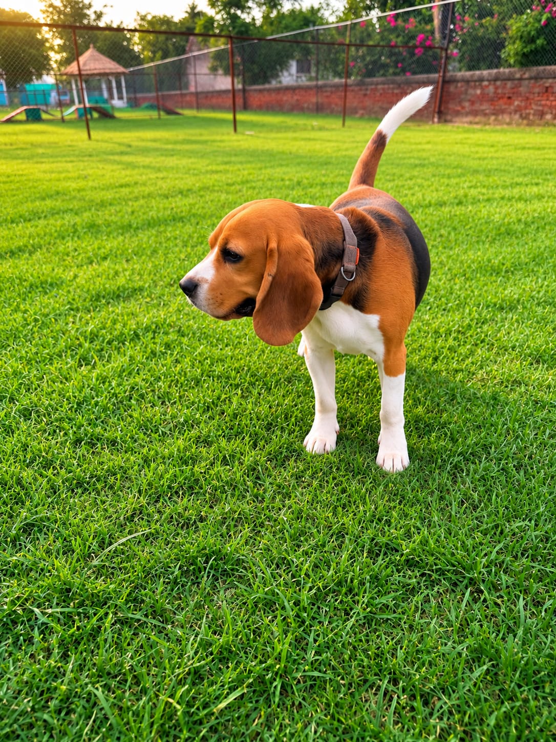 Beagle standing alert on the lawn at Pet Me Maa